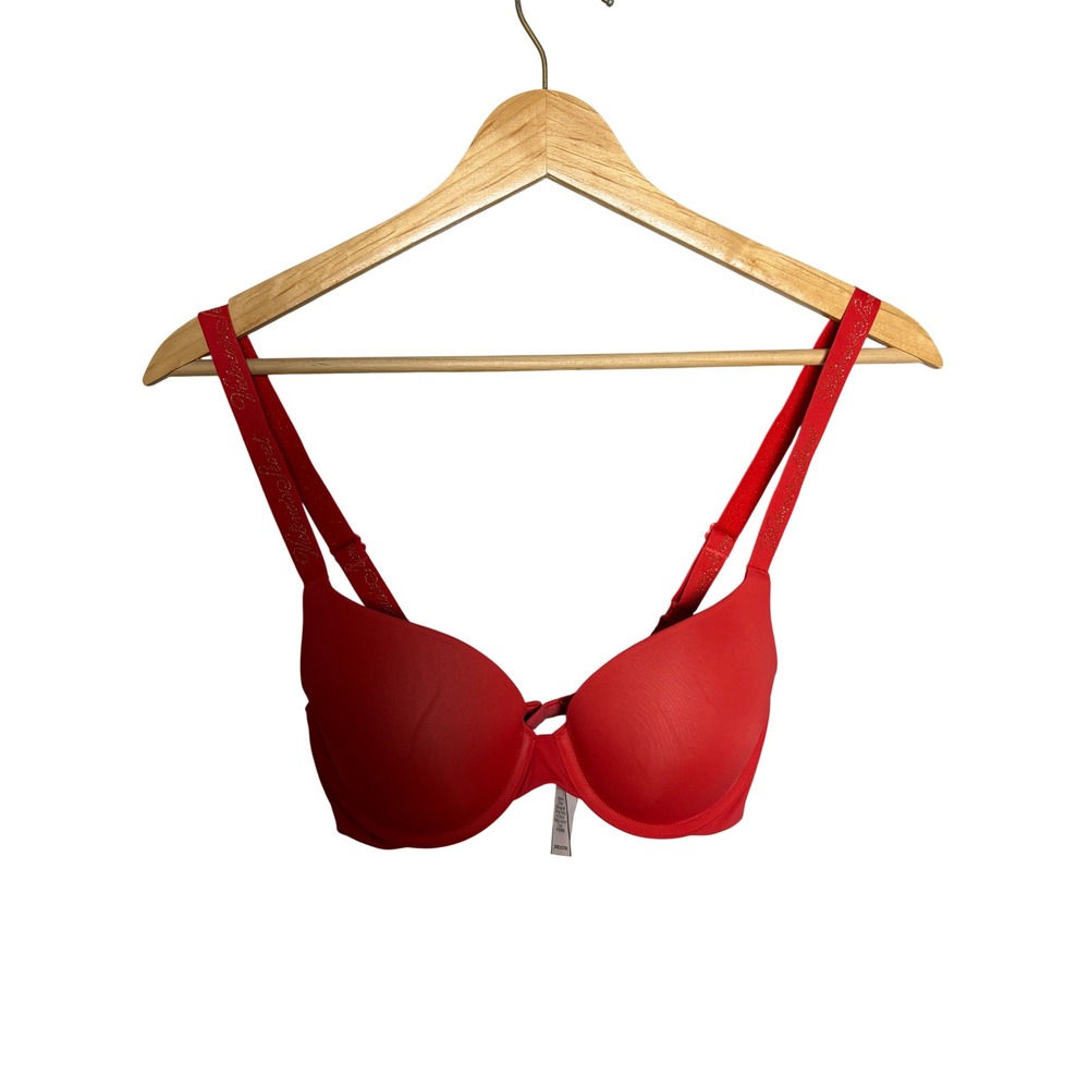 Victorias Secret Red Shine Strap Push Up Bra 32C Underwire Logo Straps